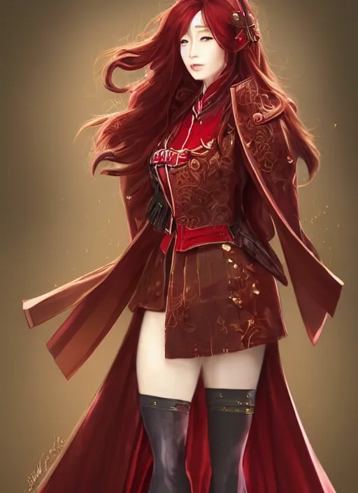 Image similar to a highly detailed illustration of beautiful long dark red haired japanese woman wearing wine red epaulette uniform and coat cape, dramatic wielding strings pose, intricate, elegant, highly detailed, centered, digital painting, artstation, concept art, smooth, sharp focus, league of legends concept art, wlop