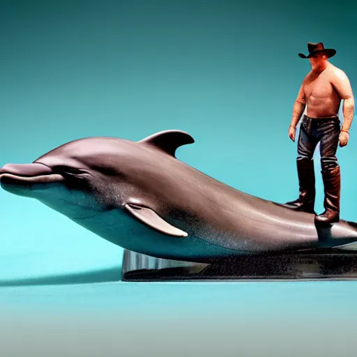 Image similar to john wayne riding a dolphin. action figure by hot toys. studio lighting.