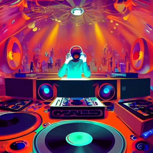 Image similar to a dj creating disco music in an underground lab, surrounded by large retro speakers, digital painting, artstation, ristan eaton, victo ngai, artgerm, rhads, ross draws, anime styled, hd, 4 k