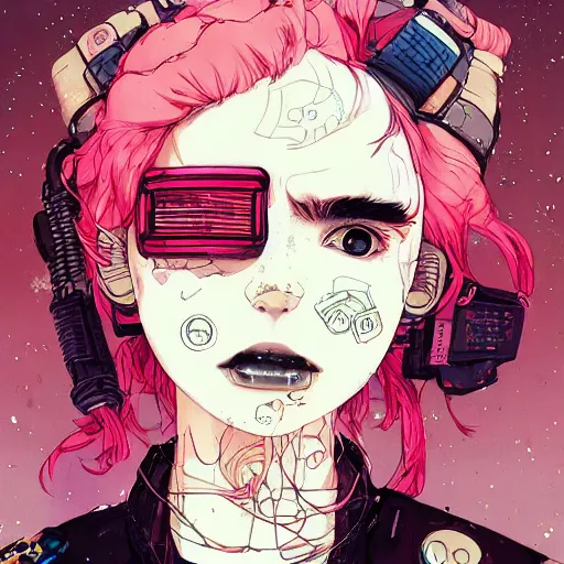 Image similar to portrait of a grungy cyberpunk anime in battle pose!!, very cute, by super ss, cyberpunk fashion, curly pink hair, night sky by wlop, james jean, victo ngai, muted colors, highly detailed