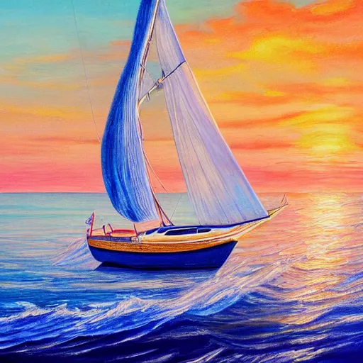 Image similar to a painting of a sailboat floating in the ocean, an ultrafine detailed painting by alice mason, shutterstock contest winner, metaphysical painting, detailed painting, airbrush art, made of crystals