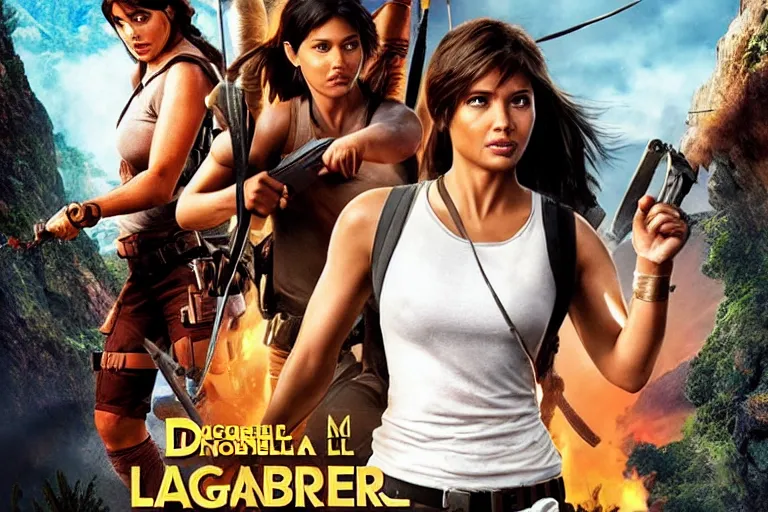 Image similar to Isabela Merced as Dora the Explorer vs Angelina Jolie as Lara Croft, movie poster, film by Michael Bay