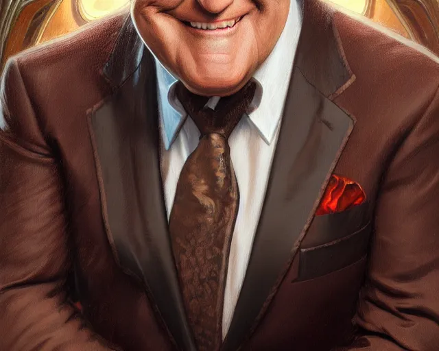 Prompt: close up of jay leno wearing a brown suit and necktie, focus, d & d, intricate, elegant, highly detailed, digital painting, artstation, concept art, matte, sharp focus, illustration, hearthstone, art by artgerm and greg rutkowski and alphonse mucha