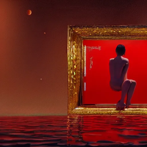 Image similar to Kiko Mazuhara full body laying in a blood red pool of water between a golden mirror frame, outside is space and inside the mirror frame is a beautiful landscape. Hyperrealistic surreal 4K IMAX Rene Margritte intricate, elegant, highly detailed, digital painting, artstation, concept art, smooth, sharp focus, illustration, art by artgerm and greg rutkowski and alphonse mucha