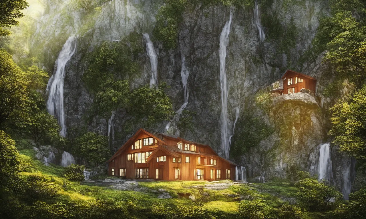 Prompt: beautiful large scandinavian house in the forest on a hill, a large waterfall flows down from the mountain in the background, vector art, fabulous, random cinematic view, no noise, global illumination, warm lighting, volumetric, by jordan grimmer