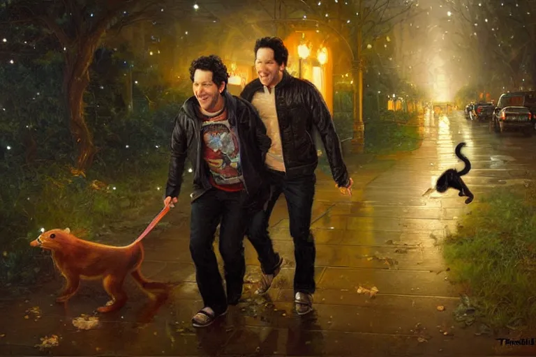 Image similar to paul rudd chasing a skunk late night, an oil painting by ross tran and thomas kincade