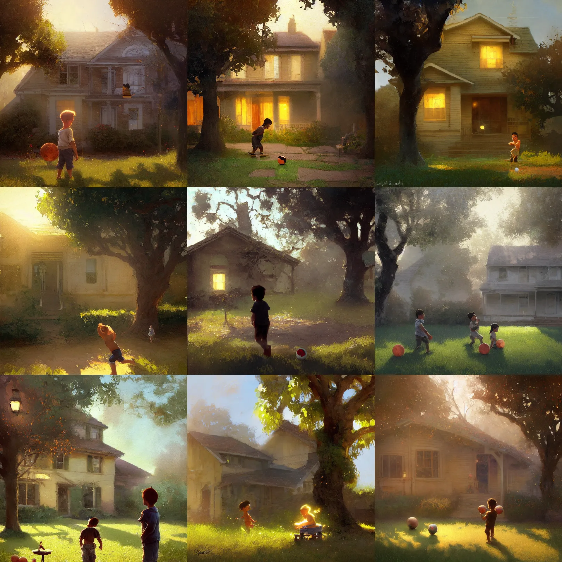 Prompt: digital art painting of a young boy playing with a ball on the front yard with a single tree in the middle of a typical house painted by craig mullins and gaston bussiere and greg rutkowski, dramatic lighting, close up