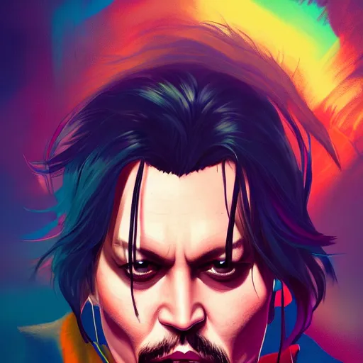 Image similar to portrait of Johnny depp, sunset background, rich vivid colors, ambient lighting, dynamic lighting, 4k, official media, anime key visual, makoto shinkai, ilya kuvshinov, lois van baarle, rossdraws, detailed, trending on artstation