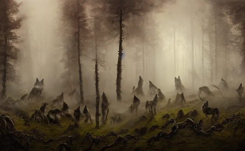 Image similar to spectral figures coming out of the fog with their pack of wolves, leaves and feathers twisted in their hair, moss growing on their clothes, destructive magic pulsing at their fingertips, wolves, glowing fingertips, a spectacular intricate moody biedermeier painting, cgsociety art