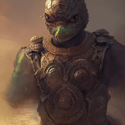 Image similar to turtle warrior, handsome, portrait, intricate, detailed, volumetric lighting, scenery, digital painting, highly detailed, artstation, sharp focus, illustration, concept art, ruan jia, steve mccurry