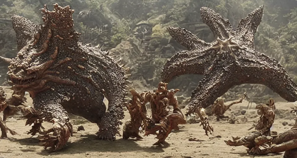 Prompt: a filmstill of the movie Pulgasari by Shin Sang-ok, a giant kaiju starfish monster destroying a goryeo dynasty palace