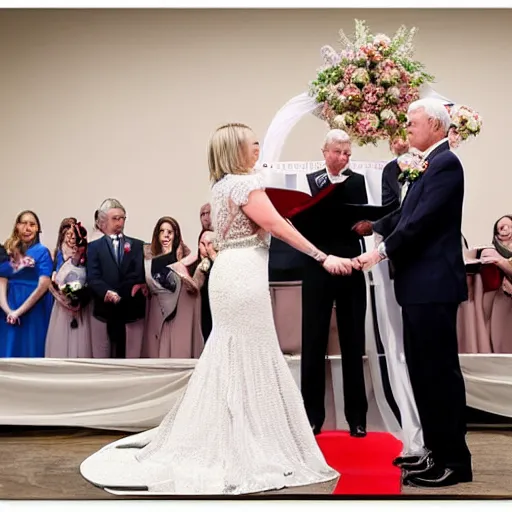 Image similar to mike pence and kyrsten sinema get married, photorealistic, wedding photography, very detailed,
