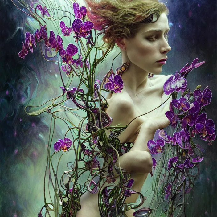 Image similar to psychedelic organic cyborg orchid in heavy wind and rain, diffuse lighting, fantasy, intricate, elegant, highly detailed, lifelike, photorealistic, digital painting, artstation, illustration, concept art, smooth, sharp focus, art by John Collier and Albert Aublet and Krenz Cushart and Artem Demura and Alphonse Mucha