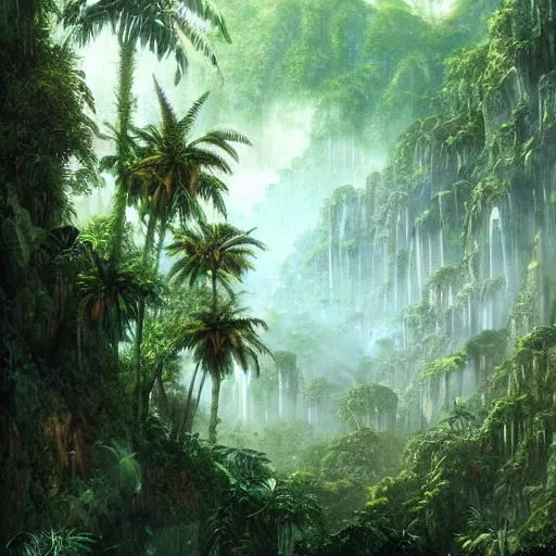 Prompt: Artwork of the Cinematic view of The Glittery Jungles by John Howe, Trending on artstation