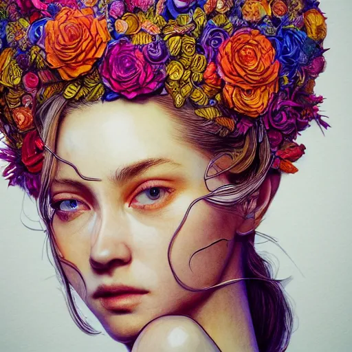 Image similar to the portrait of an absurdly beautiful, graceful, elegant, and wise young woman made of bananas and petals, an ultrafine detailed illustration by kim jung gi, irakli nadar, intricate linework, bright colors, octopath traveler, final fantasy, angular, unreal engine 5 highly rendered, global illumination, radiant light, detailed and intricate environment