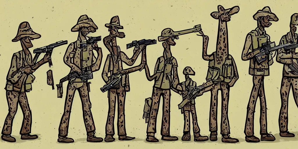 Image similar to giraffe army, holding guns and ammo, illustration, cartoon