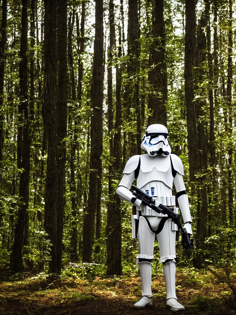 Image similar to still of a stormtrooper R2-D2, standing in the forest, golden hour, high quality, sigma 55mm, full body shot, ewoks