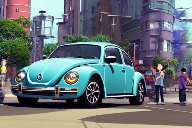 Prompt: a wholesome animation key shot of!! one!! focused!! vw beetle superbug!! in shiny reflective stainless steel, in a sydney street in australia, medium shot, studio ghibli, ( pixar ) and disney animation, sharp, very detailed, high resolution, rendered in unreal engine 5, anime key art by greg rutkowski, bloom, dramatic lighting