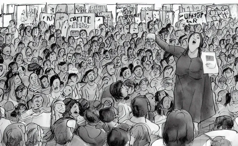 Image similar to a dramatic glen keane cartoon of gretta thunberg giving a speech to a crowd of youth climate activists