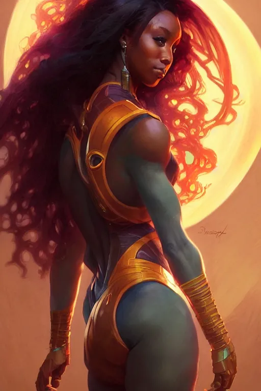 Image similar to normani as starfire profile picture by Greg Rutkowski, dynamic pose, matte painting, intricate, fantasy concept art, elegant, by Stanley Artgerm Lau, WLOP, golden ratio, thomas kindkade, alphonse mucha, loish, norman Rockwell,