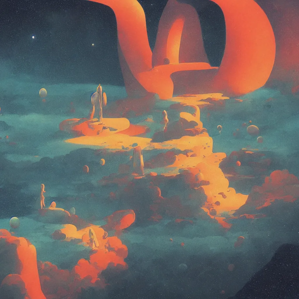 Image similar to a scifi multiverse scene in space of a spiritual being dreaming psychedelic hallucinations in cosmos, by kawase hasui, moebius, Edward Hopper and James Gilleard, Zdzislaw Beksinski, Steven Outram colorful flat surreal design, hd, 8k, artstation