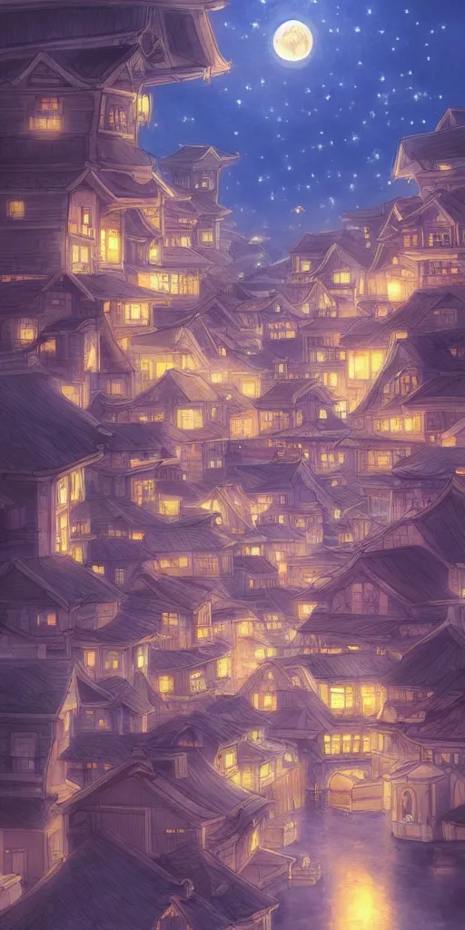 Prompt: a serene painting of a town at night, the moon and stars, by studio ghibli, highly - detailed, anime, artstation, deviantart