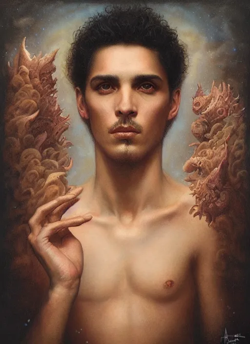 Image similar to portrait of a handsome magical latin boy, by agostino arrivabene and tom bagshaw and manuel sanjulian