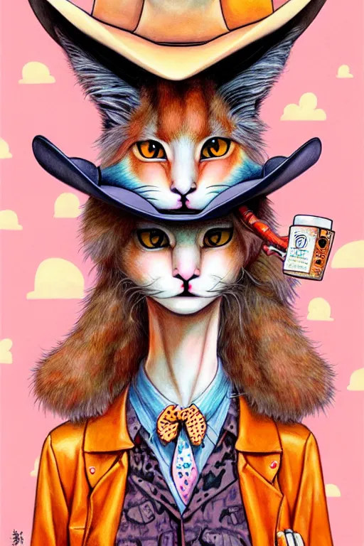 Image similar to cute fluffy caracal wearing cowboy hat, style of yoshii chie and hikari shimoda and martine johanna, highly detailed