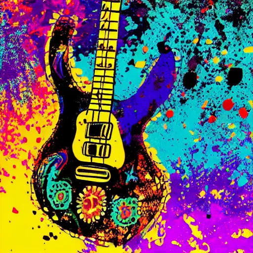 Image similar to calavera guitar, colorful, splatters, in japan style