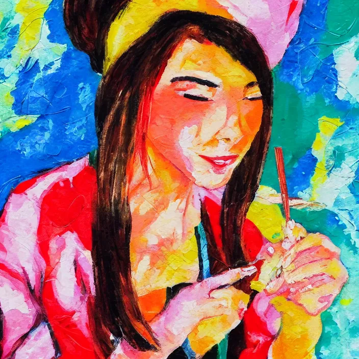 Prompt: portrait of beautiful woman eating sushi painted with colorful gouache impasto