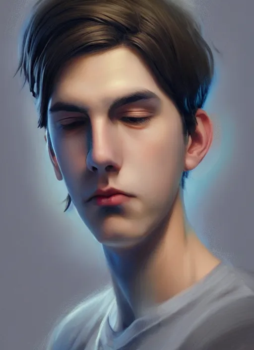 Image similar to portrait of teenage jughead jones wearing a light grey crown, photorealistic, crown, eyes closed, crown, black hair, intricate, elegant, glowing lights, highly detailed, digital painting, artstation, concept art, smooth, sharp focus, illustration, art by wlop, mars ravelo and greg rutkowski