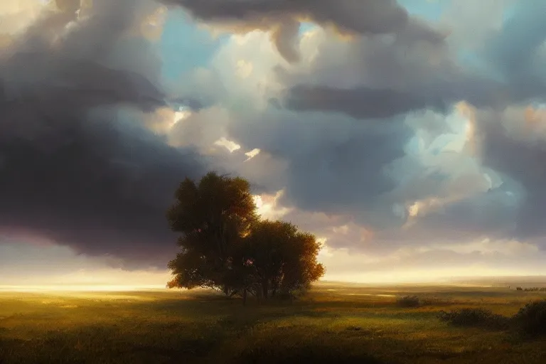 Prompt: Storm brooding over the plains, matte painting by Sylvain Sarrailh. Bright volumetric sunlight