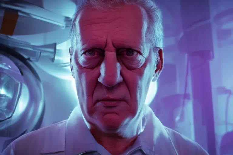 Image similar to an ultra realistic colour cinematic headshot portrait of an evil scientist, stood inside a futuristic lab, colour, detailed, deep focus, movie still, dramatic lighting, ray tracing, by werner herzog