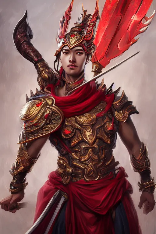 Image similar to a masterpiece portrait of nezha, legendary slim male god holding spear and red armor, bomb, fantasy character portrait, hyper detailed, digital painting, 8 k realistic, trending on artstation, sharp focus, dof, by fenghua zhong, artgerm, ne zha from smite, tsuyoshi nagano, flame everywhere