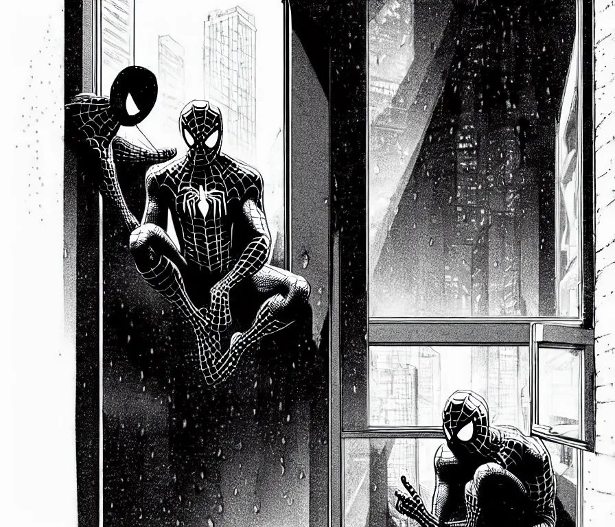 Image similar to outdoors : spiderman sink in hoodie sits on windowsill, knees tucked in | rain falls at night : storyboard, scifi cyberpunk. by gabriel hardman, joe alves, chris bonura. cinematic atmosphere, detailed and intricate, perfect anatomy