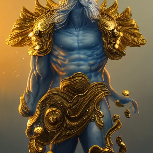 Prompt: Character concept art, Digital Paint, Zeus, God, Character Design, Digital Art, Gold Light, Blue Mist, 8K, insanely detailed and intricate, ornate, hyper realistic, super detailed, Cloudy background, Trending on Artstation, ethereal beings