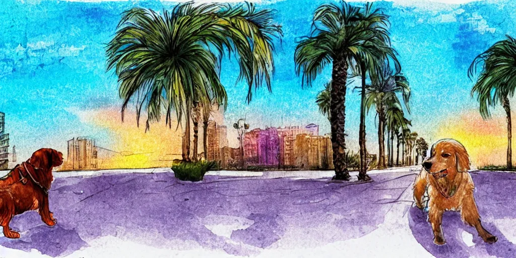 Image similar to golden retriever dog walking in tel aviv street looking at the camera. palm trees. sunset. high quality. digital art. watercolor. highly detailed. drawing. art. colorful. fluffy