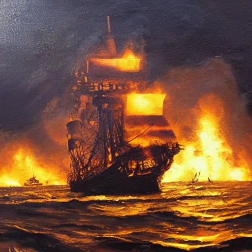 Image similar to pirate ship burning in the sea, at night with storm, oil painting