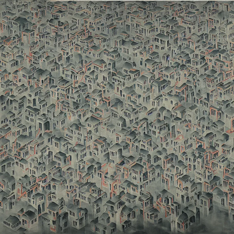 Image similar to a painting of abstract buildings like hongcun ancient village houses by yves tanguy