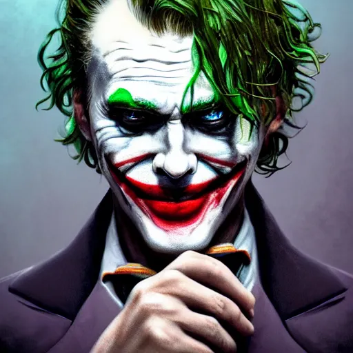 Image similar to portrait of broken joker, intricate, photoreal elegant, highly detailed, centered, grungy, digital painting, artstation, concept art, smooth, sharp focus,