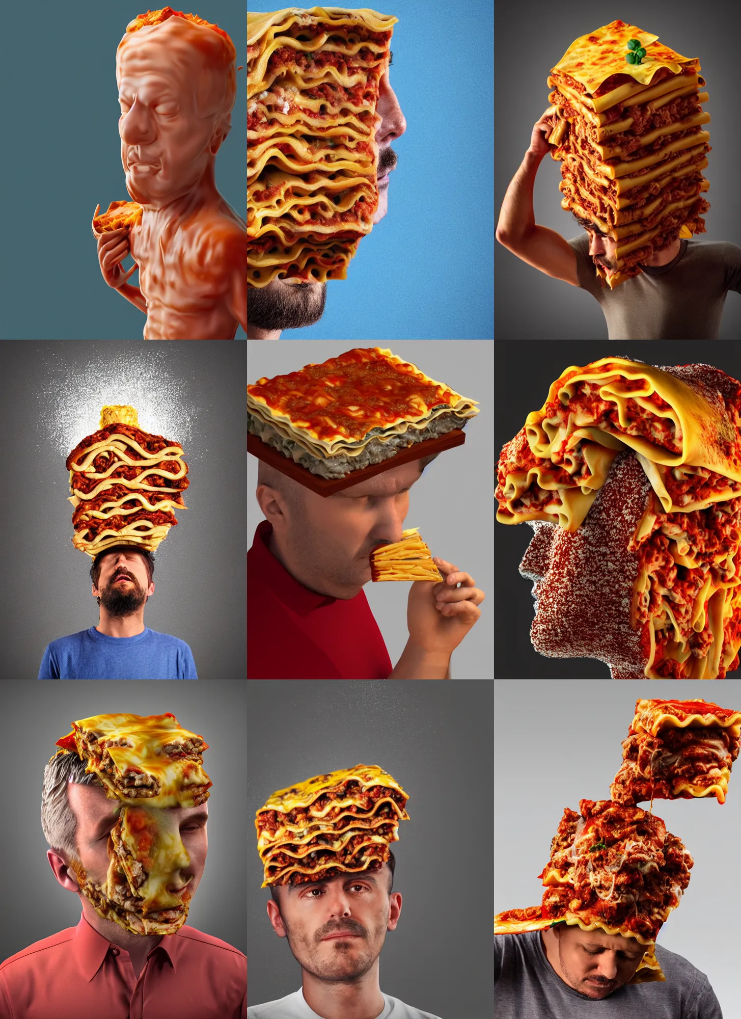 Prompt: man with lasagna spilling out of his head, 3 d render