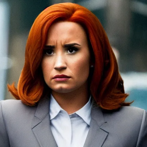 Image similar to close-up of Demi Lovato as Dana Scully with brown hair in an X-Files movie directed by Christopher Nolan, movie still frame, promotional image, imax 35 mm footage