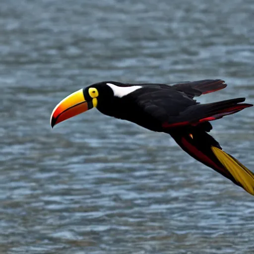 Image similar to A toucan flying across a dark lake
