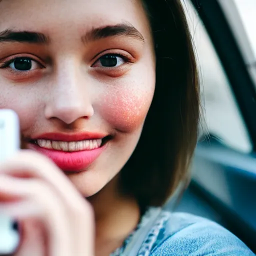 Image similar to a beautiful cute young woman takes a photo of herself, sitting in her car, flushed face, red blush, light freckles, big puffy lips, smiling softly, soft features, 8 k, sharp focus, instagram, portra 4 0 0