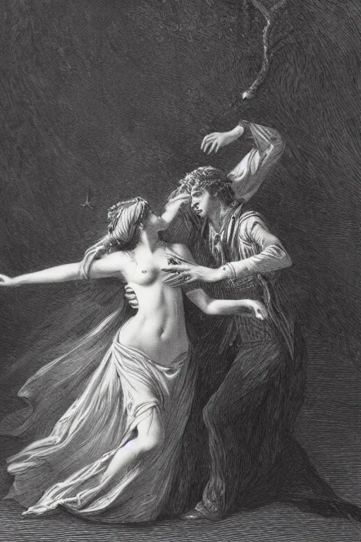 Image similar to A maiden dancing with the devil in the style of Gustave Dore