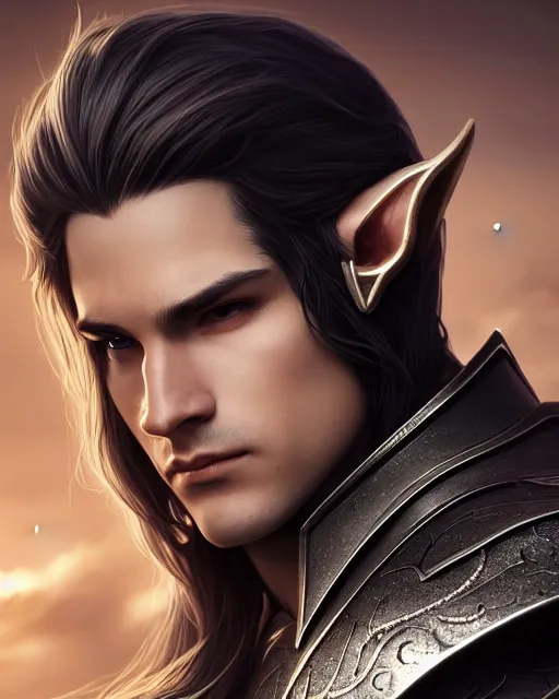 Prompt: portrait, beautiful male elf, long hair, elegant, super detailed, light black armor with silver accenting, silver very ornate jewelry, cape, 8 k, cinematic, backlight, octane render, dusk, warm lighting, snow, clouds, artstation, greg rutkowski, rossdraws, william bouguereau, sharp focus