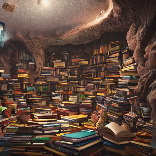 Prompt: cave full of books, 3 d render, incredible details, highly detailed, photorealistic, disney pixar, smooth, octane render, iridescent, 8 k
