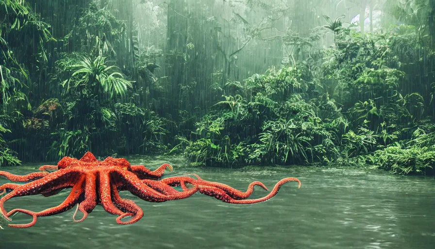 Image similar to a rainy foggy jungle, river with low hanging plants, there is a giant coral colored octopus in the water, great photography, ambient light