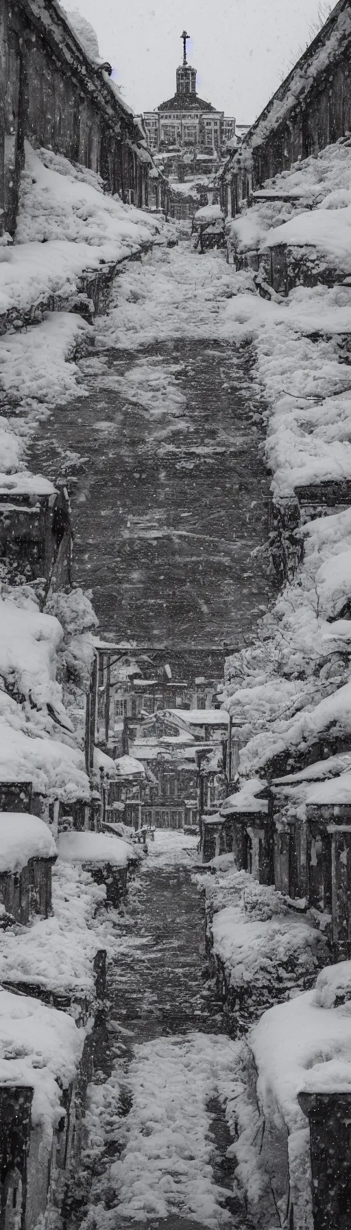 Prompt: A high-resolution black and white film photograph of details with 35 mm f/12 lens of Soviet-era buildings in Belarus while it snows