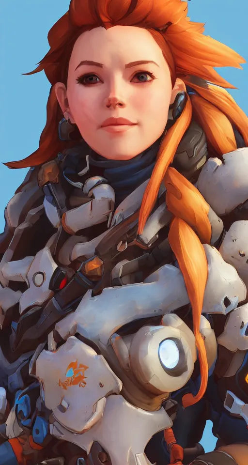 Image similar to one character, overwatch, brigitte, horizon zero dawn, aloy, digital art, high detailed, artstation